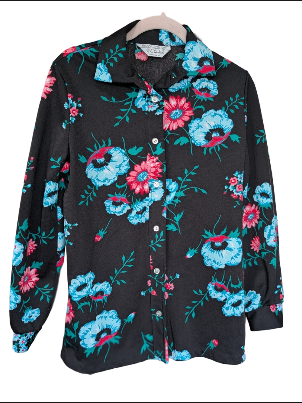 70s Vintage Colorful Floral Button-Down Shirt - Black with Blue & Pink Print